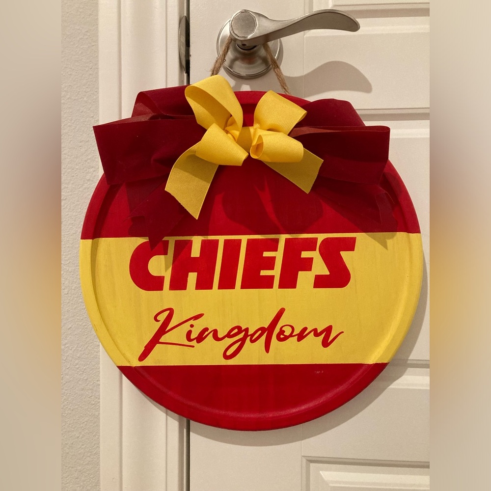 Handpainted red and yellow Kansas City Chiefs Kingdom wood hanging